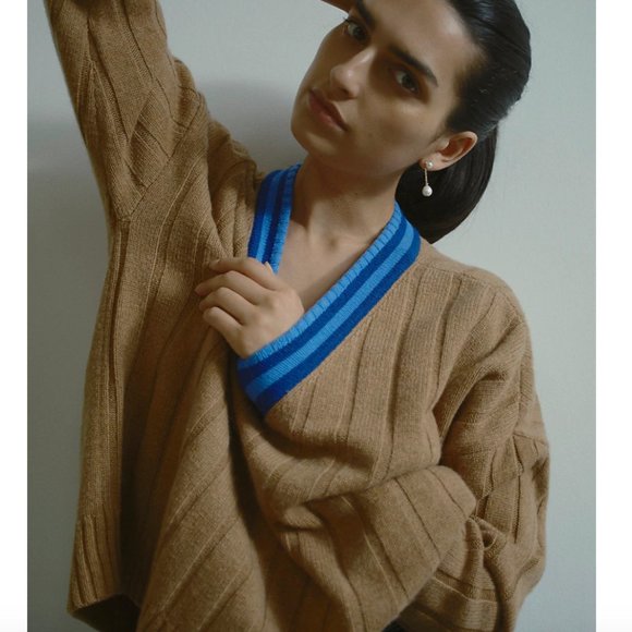 NWT Madewell Tipped V-Neck Oversized Sweater small brown heather caramel - Picture 1 of 5